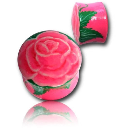 Pair of pink, round Holz Plug Rose Blume rosa grün tunnel ear plugs made from teakholz, featuring detailed hand-painted roses with green leaves—one displays the rose front, the other shows the teakholz plug side.