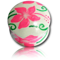 Load image into Gallery viewer, A round cream-colored Holz Plug Hawaii Blume box with bright pink floral and green swirls, inspired by the rosa grün Tunnel Ohrschmuck Teakholz design—perfect for storing your hand-processed Ohrstecker or Ohrringe.
