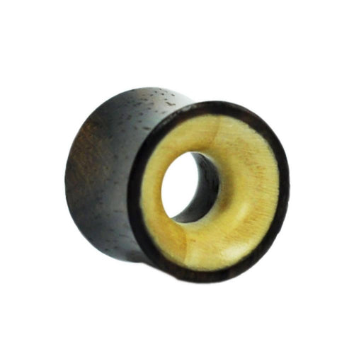 A hand-carved cylindrical Holz Tunnel Plug Expander made from Teakholz and Eisenholz, showcasing a dark exterior and light inner core—ideal for stretched piercings in a unique, tribal style.