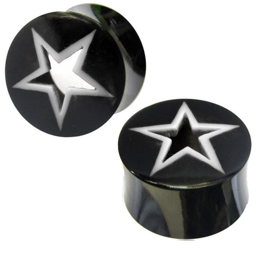 Tribal Buffalo Horn Plug schwarz mit weißem Sternmuster, handgeschnitzt aus Büffelhorn