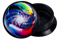 Load image into Gallery viewer, The Schraub Plug Acryl Weltall Strudel features a black ear gauge with a colorful cosmic design, showcasing two vibrant koi carp swimming in a swirling, starry space background—one yellow-blue, the other red-blue.
