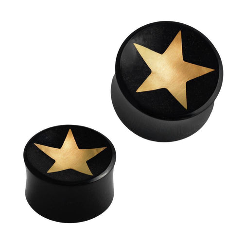 Two schwarz Horn Plug Stern Inlay metallic gold Flesh Tunnels, handcrafted as Expanders, are displayed on a white background.