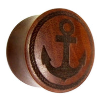 Load image into Gallery viewer, The Flesh Plug Sawoholz Anker Seil Ring is a double flared lobe stretcher in red-brown wood, engraved with an anchor and rope ring—ideal for organic piercing Ohrplug styles.
