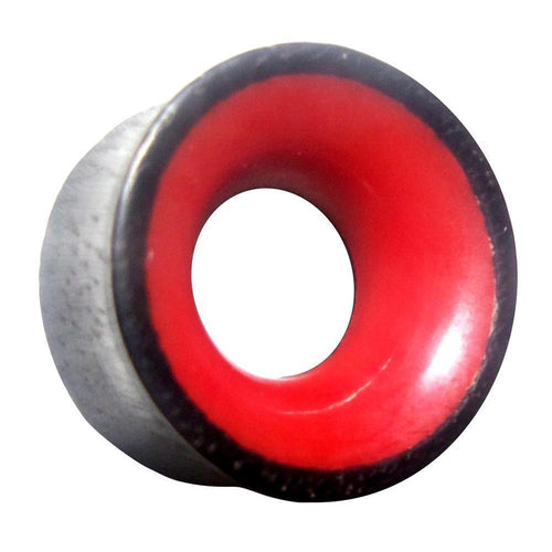 A close-up of the Flesh Plug Eisenholz Holz dunkel double flared with a red resin inlay, featuring a smooth, shiny red inner surface and metallic gray outer, resembling modern body jewelry.
