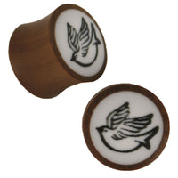 Load image into Gallery viewer, Organic Holz Plug braun weißes Inlay schwarze Taube Tribal
