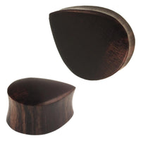 Load image into Gallery viewer, Two dark brown, teardrop-shaped Plug Sonoholz Träne Tropfen Form plugs are displayed on a white background—one upright and one on its side—highlighting the polished surface, natural grain, and double flared handcrafted design.

