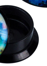 Load image into Gallery viewer, Close-up of a round Schraub Plug Acryl Paradies Garten blau grün gelb Piercing Ohrschmuck container, featuring a vibrant, iridescent pattern on its lid, slightly open to show the empty interior, set against a white background.
