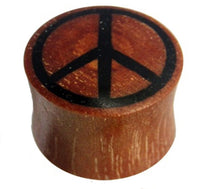 Load image into Gallery viewer, A cylindrical Tribal Plug Peace Symbol in black and reddish-brown Rosenholz with the peace symbol printed on top.
