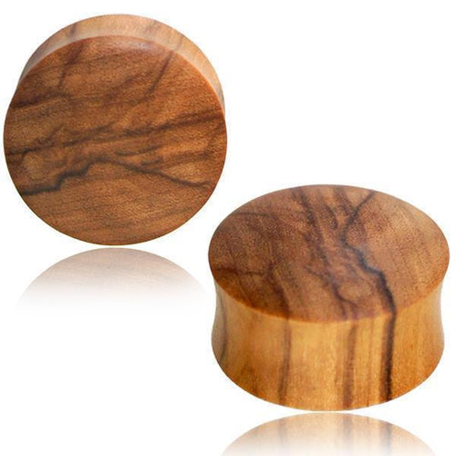 Two round, polished Olivenholz Flesh Plug Lobe Piercing Holz Double Flared plugs feature natural grain patterns, are hand-carved, and displayed on a white background.