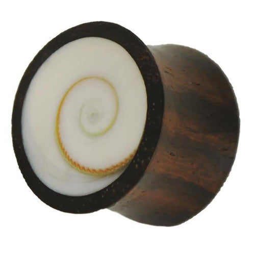 Holz Plug dunkelbraun Shivaauge Muschel weiß Inlay