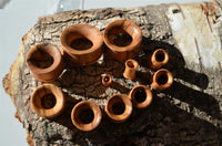 Load image into Gallery viewer, Various sizes of Olivenholz Flesh ribbed Tunnel Lobe Piercing Holz straight are arranged on textured tree bark, casting clear shadows in the sunlight. Each tunnel displays expert handcrafting, showcasing artisanal quality.

