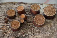 Load image into Gallery viewer, Plug Holz Tamarinde Krokodilholz hell dunkel Mandala Blüte Gravur plugs with detailed floral mandala engravings are displayed on textured bark, each varying in size and featuring symmetrical patterns carved into the wood.

