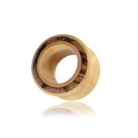 Load image into Gallery viewer, The heller Tunnel Crocodile Holz dunkles Rangholz Inlay Tunnel Rim features light Crocodile wood with a dark, textured Rangholz inlay at the center. Displayed on white with a reflective base, it's ideal for Tribal Holz Tunnel enthusiasts.
