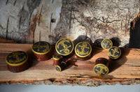 Load image into Gallery viewer, Plug Holz Tamarinde dunkelbraun Anker Seil mit goldenem Brass-Überzug werden auf rustikalem Holz vor Natur-Borkenhintergrund präsentiert. Die Piercings vom Plug Holz Kollektion sind in verschiedenen Größen erhältlich und im Sonnenlicht ausgestellt.
