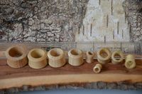 Load image into Gallery viewer, A row of Holz Flesh Tunnel Krokodilholz hell leicht konvex double flared cylindrical wooden rings in varying sizes sits on a wooden plank with a ruler behind them, set against a textured bark background.
