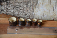 Load image into Gallery viewer, Five Holz Flesh Tunnels (Kokosnussholz dunkel, Krokodilholz hell) of different heights are lined up beside a ruler marked "MADE IN GERMANY" on wood, with tree bark in the background.
