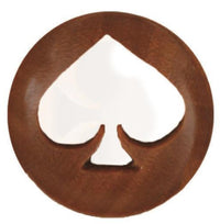 Load image into Gallery viewer, The Holz Tunnel rotbraun Pik ausgestanzt konkav double flared is a round, double-flared wooden plug with a spade cutout in the center, shown against a white background.
