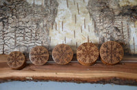 Load image into Gallery viewer, Five round Holz Teakholz Plug Awe Helm braun double flared plugs, inspired by nordische Mythologie Schmuck and engraved with symmetrical symbols, are arranged in a row on a textured wood surface with visible bark and grain.
