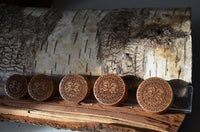 Load image into Gallery viewer, Five intricately carved Holz Teakholz Plug Sonnen Maske double flared tokens with floral designs stand upright before a birch log and bark, sunlit. A ruler is partially visible—perfect for any Sonnen Krieger or Holzplug enthusiast.
