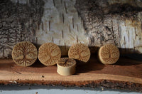 Load image into Gallery viewer, Five round wooden plugs are displayed on wood, including the Krokodil Holz Plug Baum des Lebens hell double flared, each engraved with tree designs. The rustic background features bark and wood textures for a natural look.
