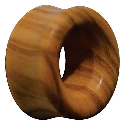 The Olivenholz Flesh Tunnel double flared abgerundet Holz features smooth, double flares, a rounded design, visible natural wood grain, a hollow center, and a polished finish for a stylish look.
