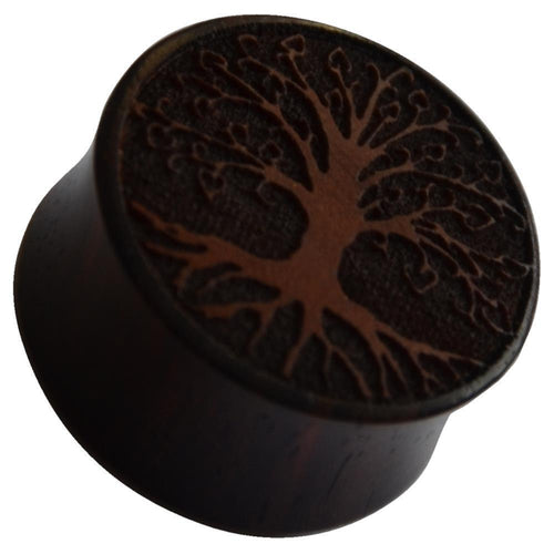 The Flesh Plug Holz Sonoholz Baum des Lebens double flared features a dark wooden design with a carved tree of life, inspired by the Viking Yggdrasil, showing engraved branches and roots in a lighter shade.