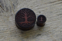 Load image into Gallery viewer, Two Flesh Plug Holz Sonoholz Baum des Lebens double flared plugs, one large and one small, with carved Tree of Life designs and roots, are displayed on textured wood.
