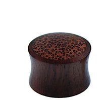Load image into Gallery viewer, A round, dark brown Holz Plug Kokosholz Inlay handgeschnitzt Sonoholz with a flared shape and textured, dimpled top surface is shown against a white background.
