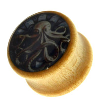 Load image into Gallery viewer, The Holz Plug Oktopus Krake Bild beige hell double flared is a wooden tunnel with a glossy round top and a black and white octopus illustration, adding bold character and unique style to any ear piercing.
