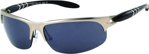 The Sonnenbrille Herren Sportbrille Fahrradbrille features blue-tinted 400UV lenses, a metallic silver half-circle frame, black arms, and silver accents—ideal for stylish outings or sunny rides.