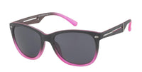 Load image into Gallery viewer, A pair of Sonnenbrille Nerd Atzenbrille getönt 400UV grau zweifarbig with dark lenses, a black-to-pink gradient frame, and pink ear tips.
