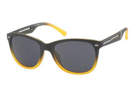 Load image into Gallery viewer, The Sonnenbrille Nerd Atzenbrille getönt 400UV grau zweifarbig is a unisex pair with black frames fading to yellow, dark tinted lenses, and yellow-tipped arms, displayed on a white background.
