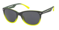 Load image into Gallery viewer, Sonnenbrille Nerd Atzenbrille getönt 400UV grau zweifarbig, black unisex design with dark lenses and yellow gradient accents on the frame and arms, set against a white background.
