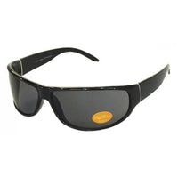 Load image into Gallery viewer, Glossy black Sonnenbrille Herren Sportbrille Fahrradbrille with dark lenses, wide arms, and 400UV Schutz. Features a sturdy frame and a small orange Ray-Three sticker on the right lens—ideal for stylish outdoor protection.
