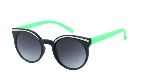 The Sonnenbrille Damen rund Cat Eye Vintage Zierstreifen Glamour Brille 400UV getönt John Lennon features black round cat eye frames, metallic top accent, dark gradient lenses, and green arms for stylish UV400 protection, shown on a white background.