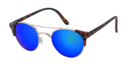 Sonnenbrille rund Vintage Metallrahmen John Lennon Retro 400UV Cat Eye schmal with mirrored blue lenses and a thin metal bridge, displayed on a white background.