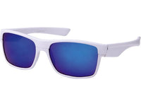 Load image into Gallery viewer, The Sonnenbrille Nerd Sportbrille features a white frame, rectangular reflective blue lenses, Retro Stil, and 400 UV-Schutz, displayed on a plain white background.
