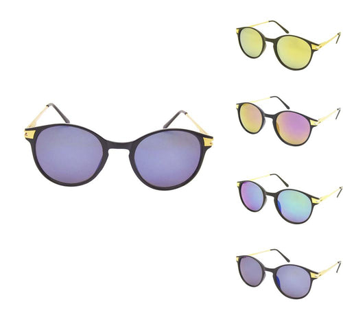 Five Sonnenbrille rund Vintage Panto 400UV in John Lennon Stil are displayed, each with black frames, golden Metallbügel, and mirrored lenses in blue, yellow, pink, green, and brown, all offering 400UV protection.