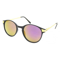 Load image into Gallery viewer, The Sonnenbrille rund Vintage Panto 400UV im John Lennon Stil bietet goldene Metallbügel, schwarze Rahmen und gelb-lila verspiegelte Gläser. UV-Schutz 400, präsentiert vor weißem Hintergrund.
