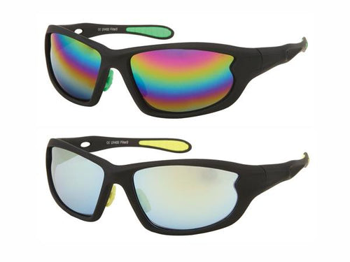 Two pairs of black Sonnenbrillen Radbrille Sportbrillen, both with colorful mirrored lenses—top with rainbow-reflective, bottom with silver-tinted 400 UV. Both feature green accents on arms and nose pads, and wide rubberized bows.