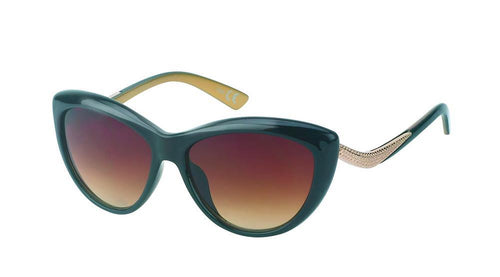 Sonnenbrille Damen Vintage getönt im Cat Eye Stil mit golden gebogenem Glamour und UV 400 Schutz, präsentiert vor schlichtem, weißem Hintergrund.