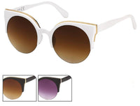 Cargar imagen en el visor de la galería, The Sonnenbrille Cat Eye 400 UV round glasses feature white frames with gold metal accents and brown gradient lenses; shown below in black with brown lenses and black with purple gradient lenses.
