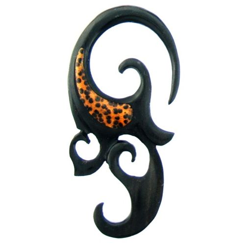 Tribal Holz Piercing Expander, schwarze Spirale mit braun-dunkelbraun-gepunktetem Muster, aus Kokosholz mit eingefasstem Eizenholz, 6mm, Plug, Tunnel, Ohrring, Ohrhänger, Ohrstecker
