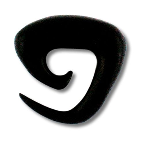 A black Tribal Horn Piercing Expander Triangel-Spirale Ohrring, hand-carved from horn in a koru-shaped spiral with a pointed tip, resembling an unfurling fern, is set against a white background.
