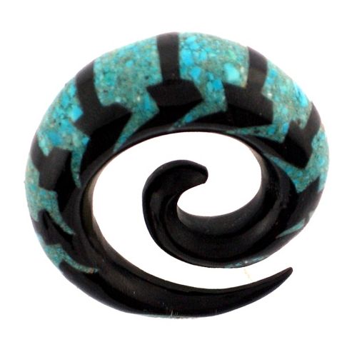 Tribal Buffalo Horn Piercing Expander, schwarze Spirale mit türkisfarbenem Inlay, 12mm,  Plug, Tunnel, Ohrring, Ohrhänger, Ohrstecker