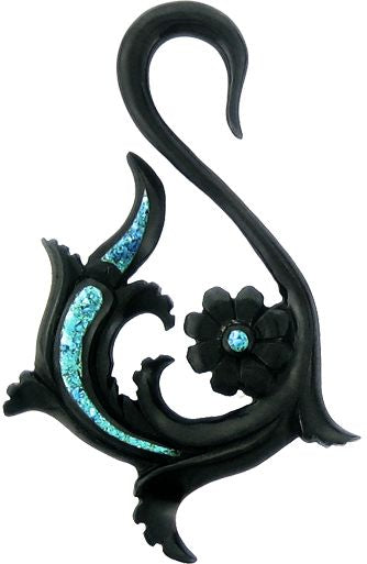 Tribal Buffalo Horn Piercing, schwarze Hookspirale mit türkisfarbenem Inlay, handgeschnitzt aus Büffelhorn, 4mm, Plug, Tunnel, Expander, Ohrhänger, Ohrstecker