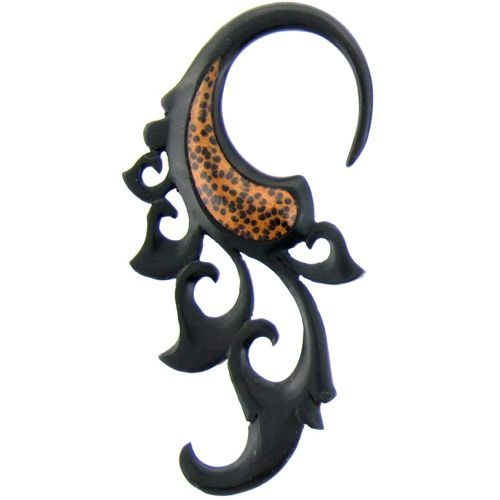 Tribal Holz Piercing Expander 4 mm schwarz Hookspirale Eizenholz braun gepunktet Kokosholzinlay