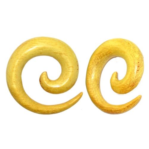 Tribal Holz Pircing Expander, gelbe Spirale, handgeschnitzt aus Jackfruchtbaum Holz, 14mm, Plug, Tunnel, Ohrhänger, Ohrstecker