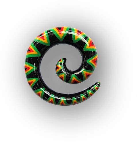 A hand-painted, wooden 8mm Ohrhänger in Rastafarben with zigzag patterns is shown against a white background. This bunte Expander resembles a glossy spiral-shaped fake piercing plug or tunnel.