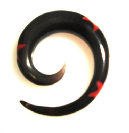 This Tribal Buffalo Horn Piercing Expander features a black spiral with a red star inlay, 6mm size. Ideal as a plug, tunnel, or earring for stretched ears. Shown on a white background.